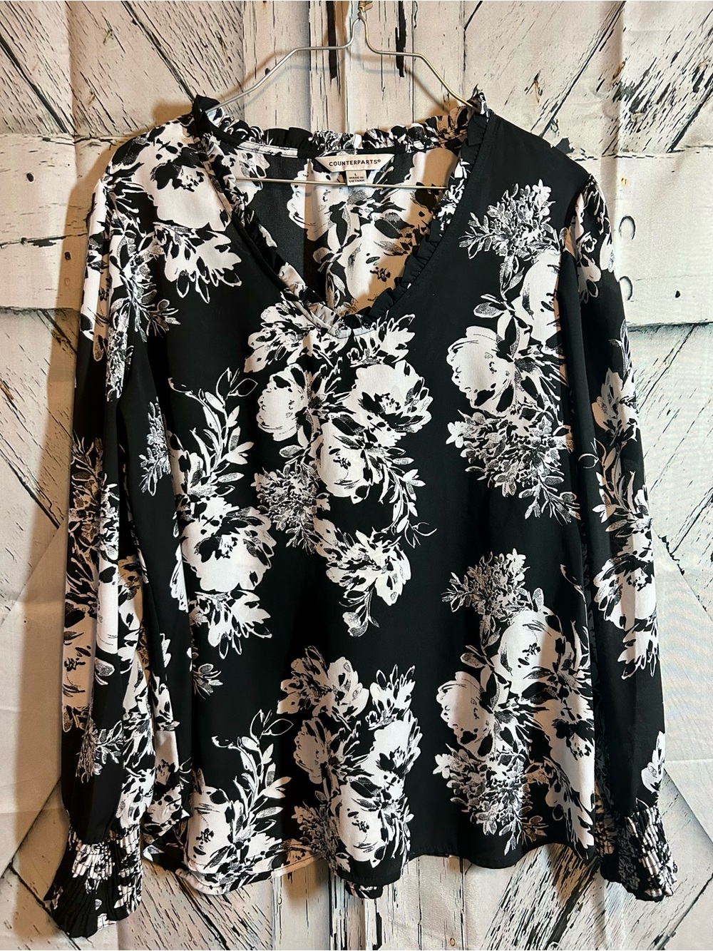 Counterparts Black and White Floral V-Neck Blouse